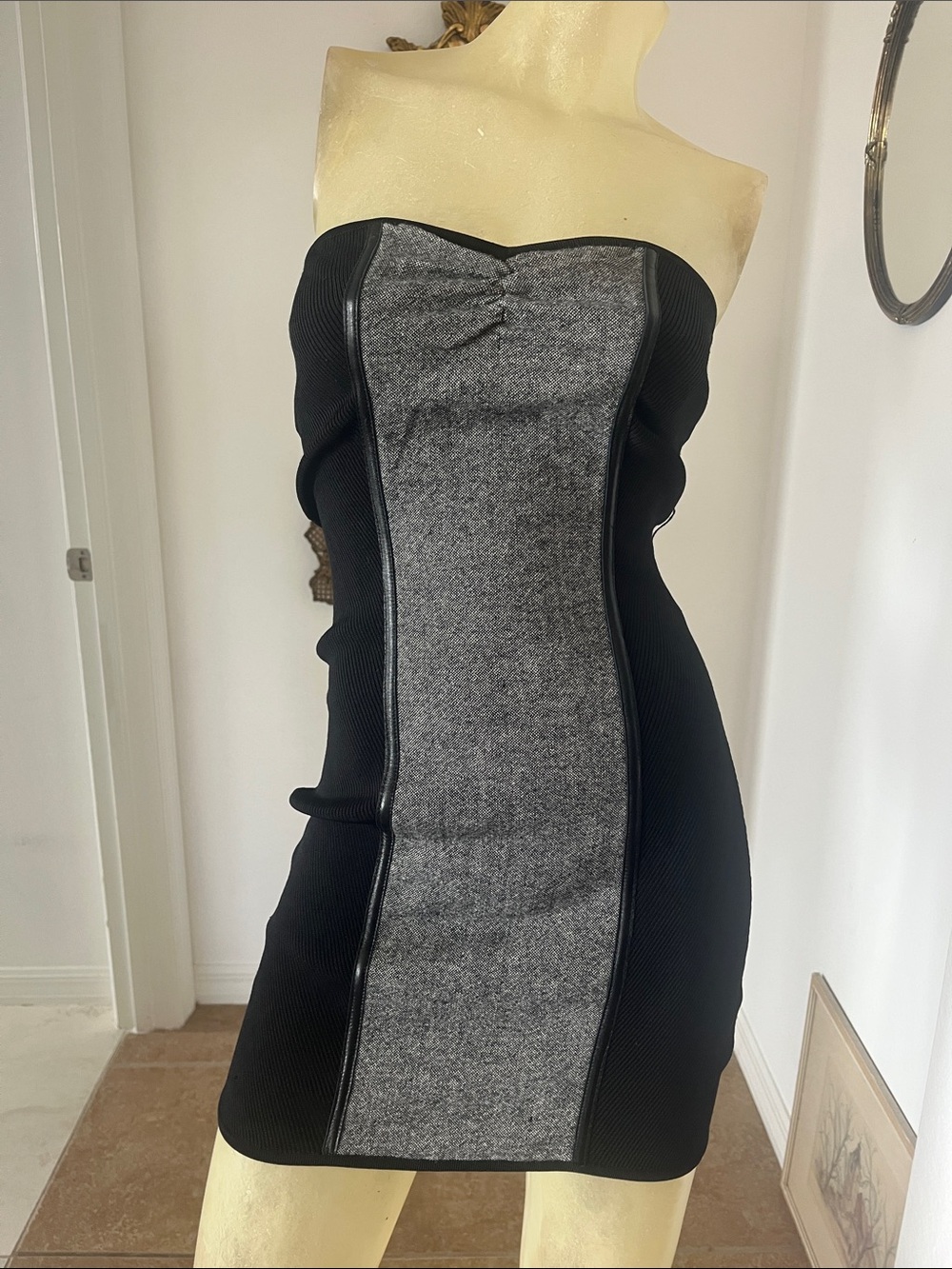 bebe Strapless Black and Gray Bodycon Dress